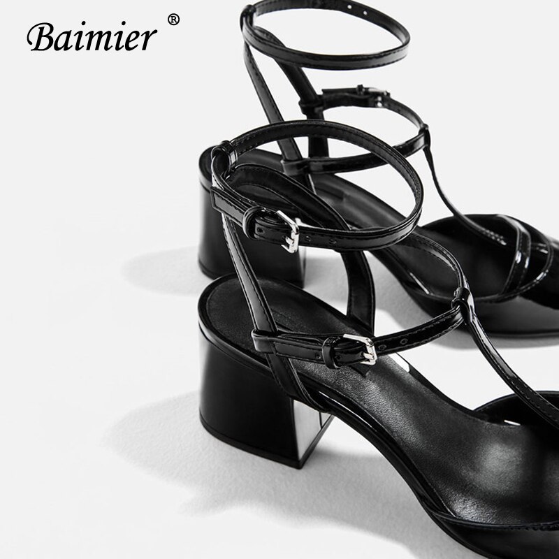 Baimier Summer Black High Heels Women Sandals Buckle Strap Leather Gladiator Sandals Women Pointed Toe Slingback Shoes Woman