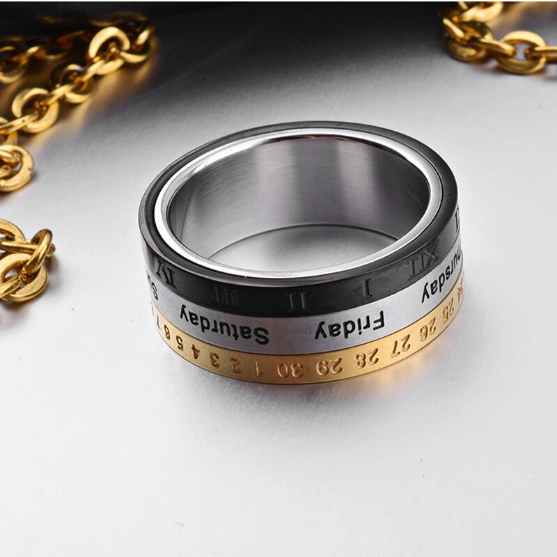 Arrivals Can Choose Date And Week Rotating Rings For Men And Women Titanium Steel Top Jewelry Three Color Mix Ring