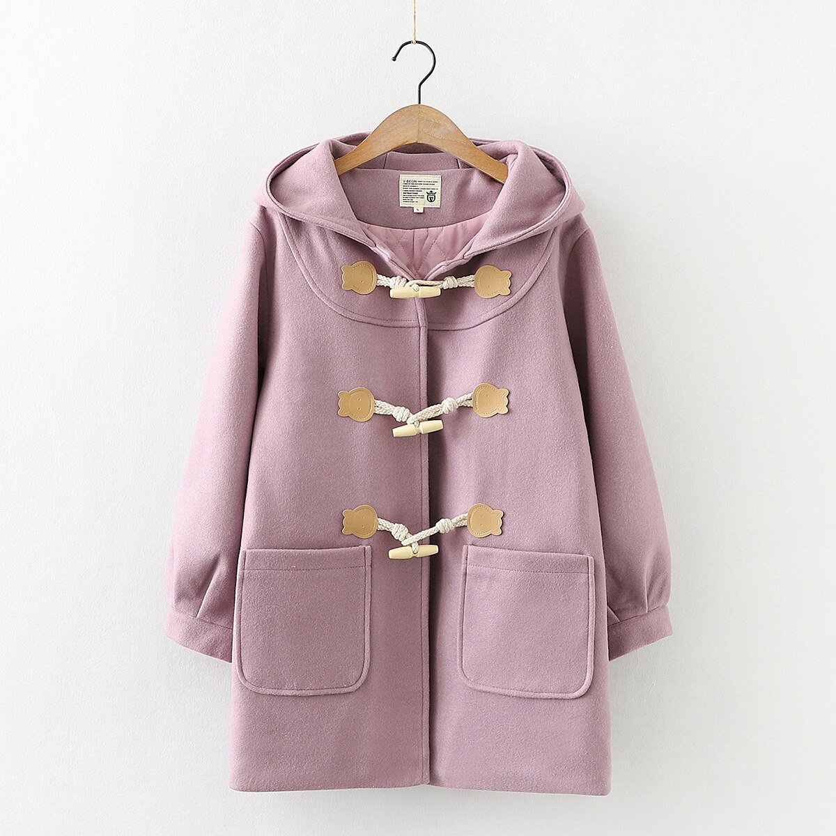 Cappotto di lana con bottoni in corno di orso in stile giapponese donna di media lunghezza 2020 autunno inverno cappotto di capispalla allentato Casual spesso 2010622: Colore rosa / L