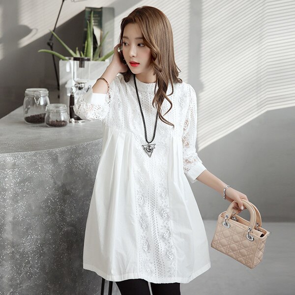 9015# Hollow Out Front Pleated White Lace Maternity Blouses Spring Summer Clothes for Pregnant Women Loose Pregnancy Tops: XL