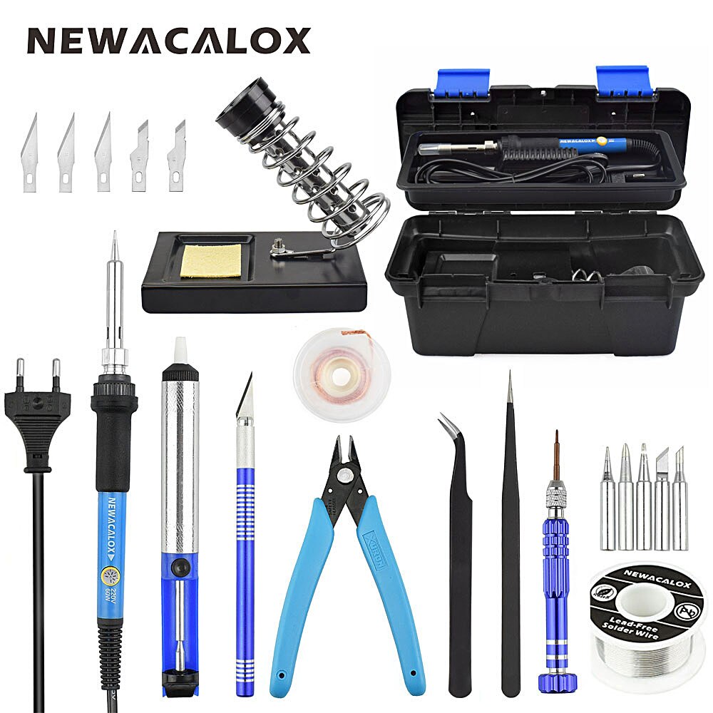 NEWACALOX Red EU/US 220V 60W Adjustable Temperature Electrical Soldering Iron Kit SMD Welding Repair Tool Set Tool Box 25pcs/lot: RD771-B / US