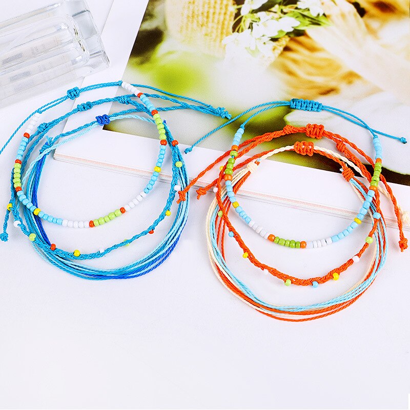Meetvii 3 Stks/set Bohemian Enkelband Seedbeads Wax Lijn Handgemaakte Weave Enkelband & Armband Vrouwen Sieraden