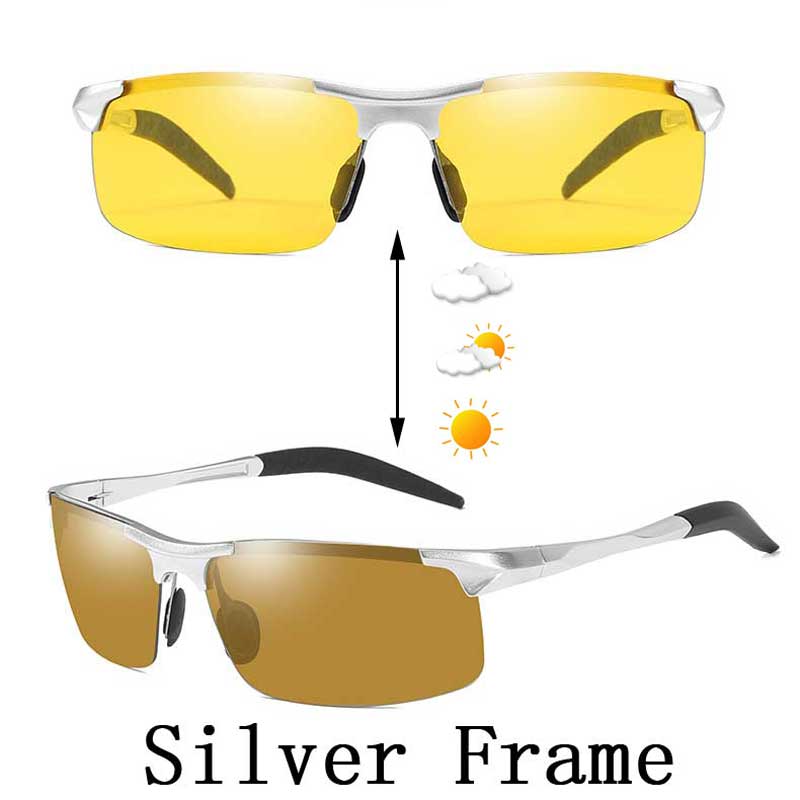 Naloain nattesyn briller fotokromiske solbriller gul polariseret linse  uv400 kørebriller til chauffører sport mænd kvinder: Sølv ramme