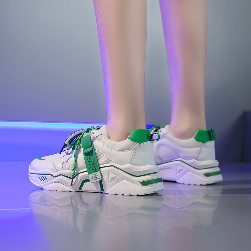 Chunky sneakers kvinder blandede farver patchwork tykke såler kvinder fritidssko åndbar mesh platform sneakers med snøre