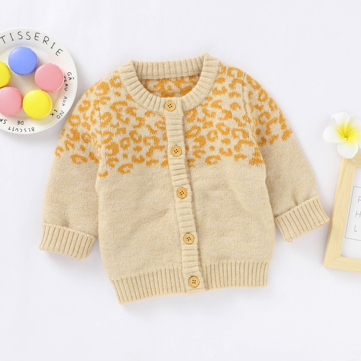 Efterår vinter børn baby sweatere leopard broderi strik frakke spædbarn baby pige dreng v-hals knapper sweatere cardigans overtøj: Beige / 18m
