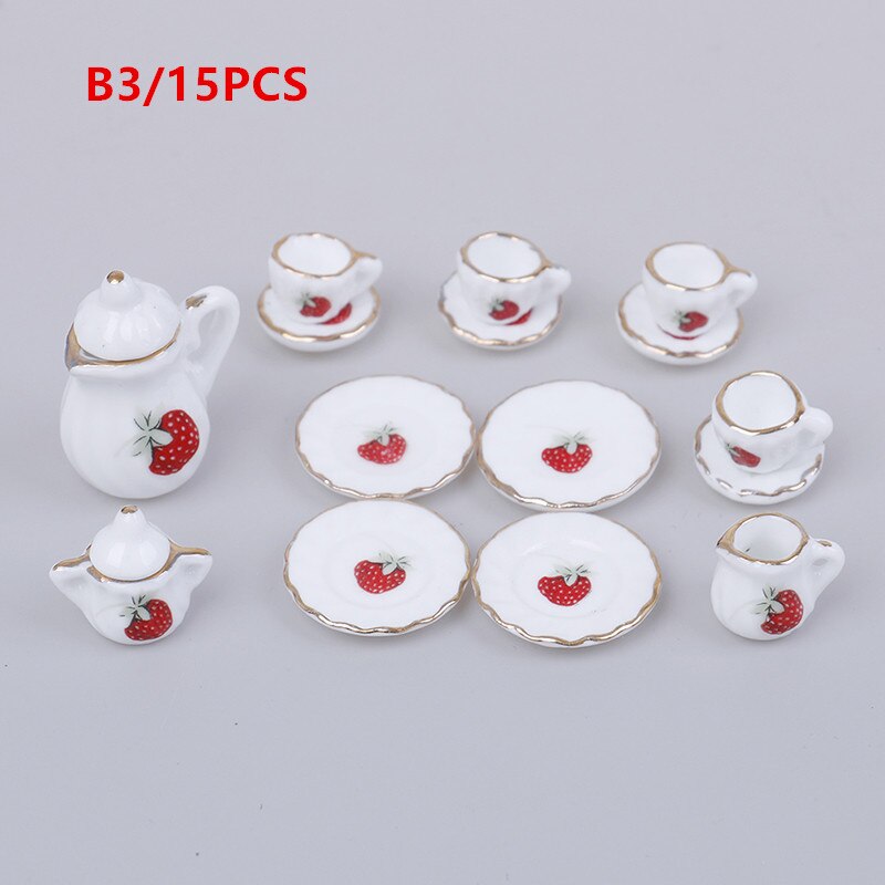 15Pcs 1:12 Miniature Porcelain Tea Cup Set Chintz Flower Tableware Kitchen Dollhouse Furniture Toys For Children: B3