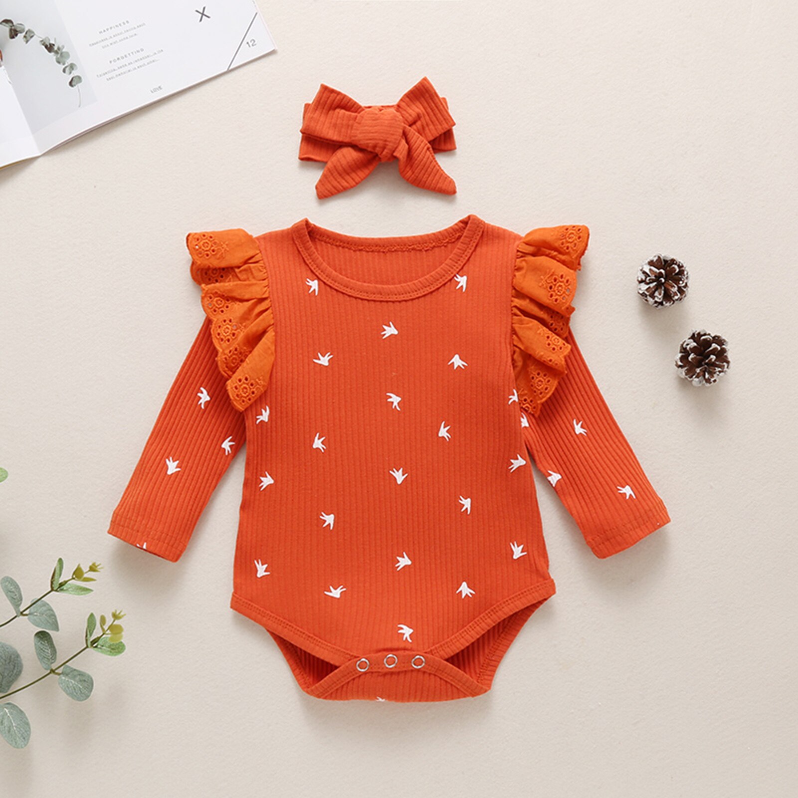 Baby Ribbed Jumpsuits, Infant Round Neck Lace Long Sleeve Bodysuit and Headwear Two-piece Suit for Toddler Boys Girls