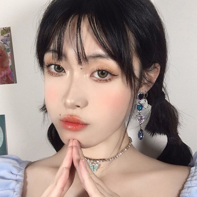 MWSONYA Korean Blue Love Heart Crystal Earrings for Women Water Crystal Tassel Pendant Shining Jewelry