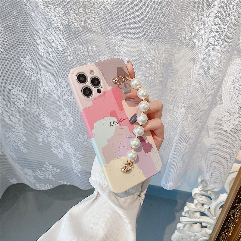Pulsera con diamantes de imitación y perlas para iphone, funda protectora con grafiti geométrico para iphone 12 11 Pro Max X XR Xs max 7 8Plus SE2020