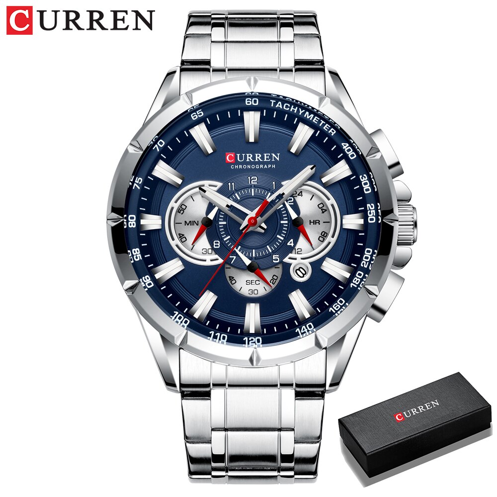 CURREN Casual Sport Chronograaf Heren Horloges Roestvrij Stalen Band Horloge Grote Wijzerplaat Quartz Klok met Lichtgevende Pointers