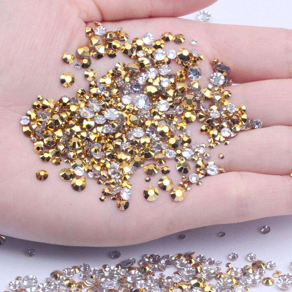 Hars Strass Niet Fix Gold Ab 2-6Mm Ronde Plaksteen Diamanten Applicaties Voor Craft Stof Trouwjurken