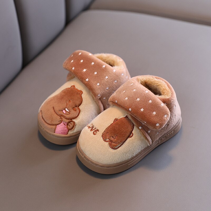 BAMILONG Toddler Slippers Kids Baby Shoes Plush Girls Boys Cute Indoor Cartoon Floor Shoes Winter Warm Casual Home Shoes S383: Brown / 15(Length 14.0cm)