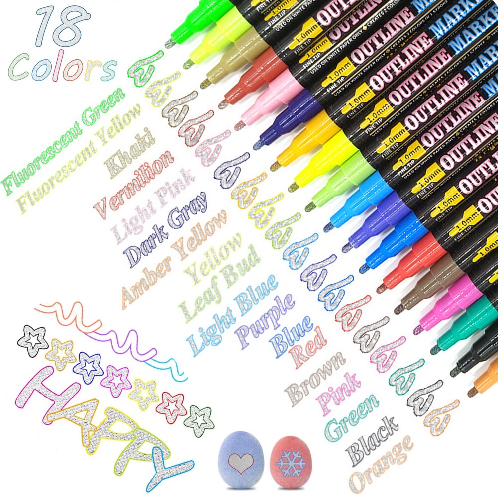 Dubbele Lijn Overzicht Pennen, 12/18 Kleuren Self-Outline Metallic Markers Glitter Outline Pennen Schrijven Tekening Pennen Doodle Verblinden Pen: 18PCS 1 set Silver
