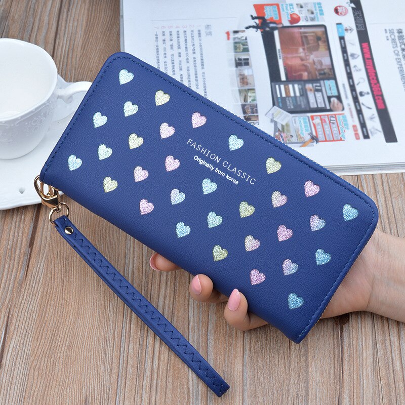 Women Wallet Pu Leather Long Love Heart Cute Purse for Phone High Capacity Card Holder Clutch Wallets Carteira Feminina: DarkBlue