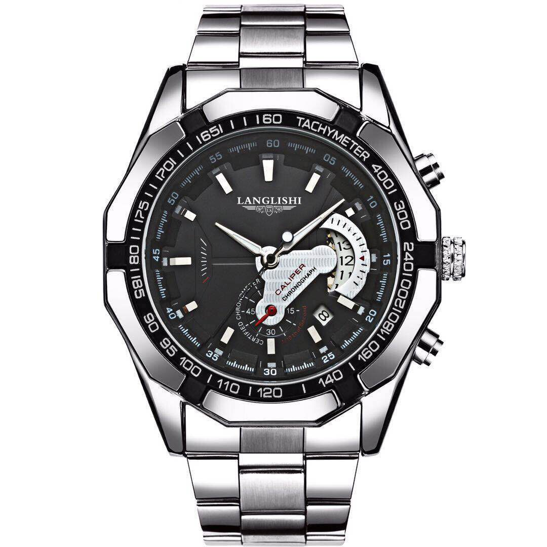 LANGLISHI-reloj analógico de cuarzo para hombre, accesorio de pulsera resistente al agua con cronógrafo, complemento masculino deportivo de de lujo con moderno,: 01 Black Silver