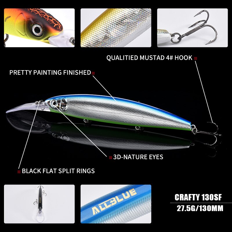 ALLBLUE CRAFTY 130SF Fishing Lure 130mm 27.5g Wobbler Slow Floating Minnow Longbill Plastic Bait Fishing Tackles Crankbait Plast