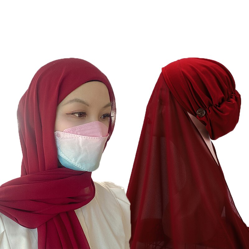 Instant Hijabs Women Bonnet With Chiffon Shawl With buttons Easy to Wear masks Stretch Hijab Cover Headwrap: color 5