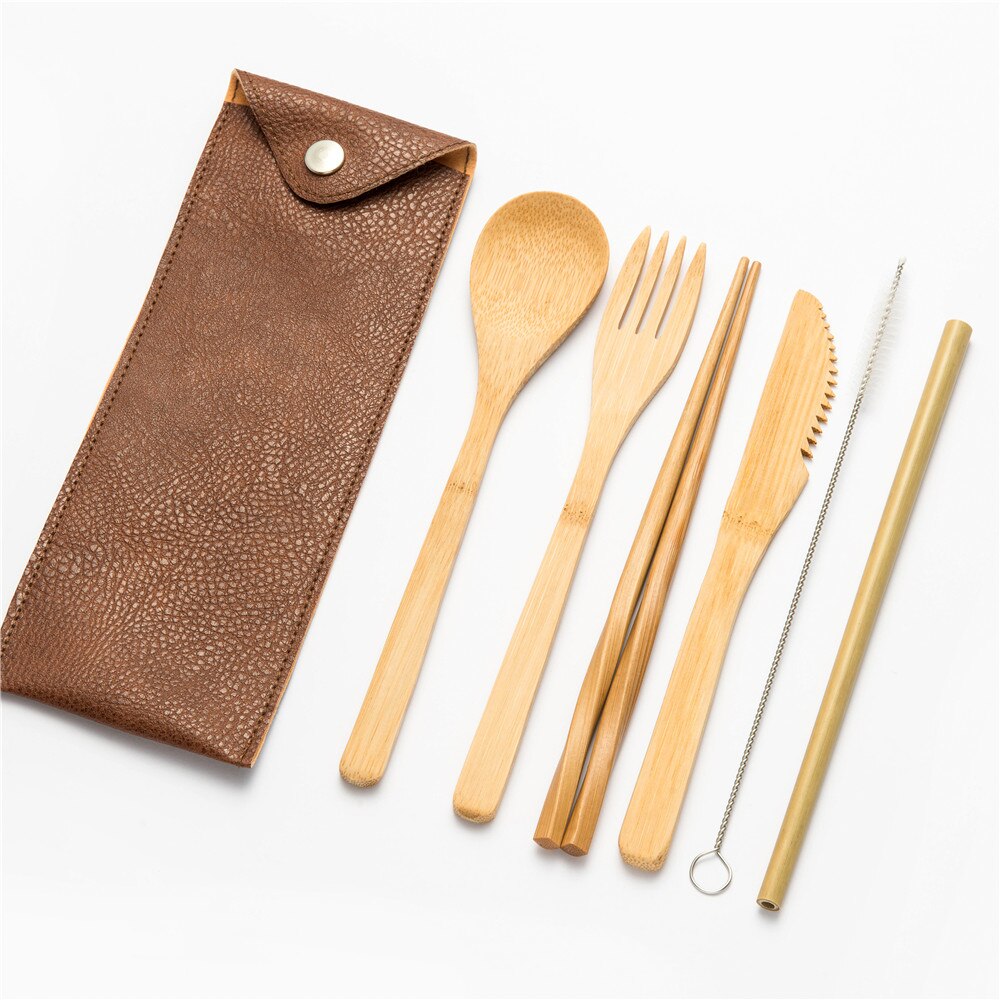 Eco-vriendelijke Reizen Herbruikbare Draagbare Bamboe Bestek Set Lepel Vork Eetstokje Sets 6 stks/set Straw Keuken Voedsel Servies Set: 7pcs set0013