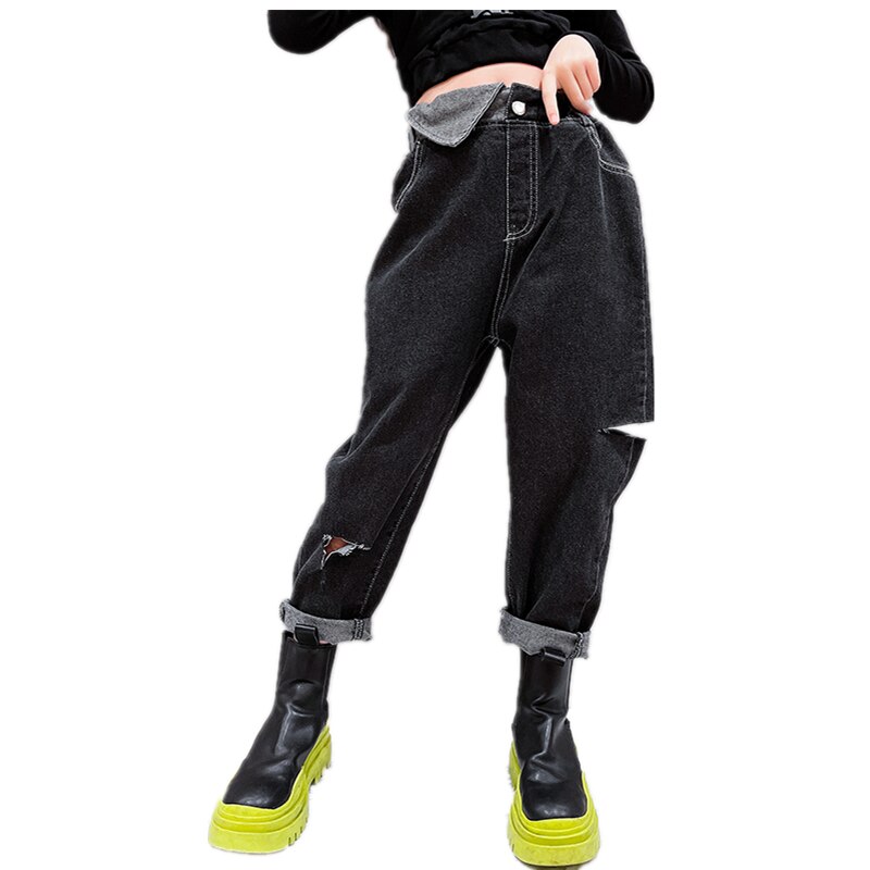 Jean déchiré en Denim noir pour filles, pantalon décontracté, troué, taille haute, pour adolescentes de 3-14 ans, automne printemps 2022
