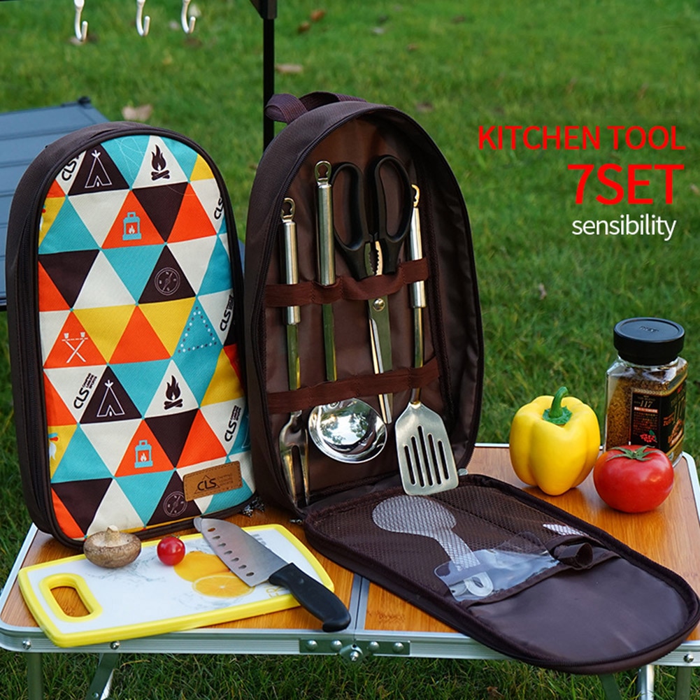 Outdoor Draagbare 7 Kit Barbecue Camping Gebruiksvoorwerp Organisator Cookware Rvs Kookgerei Kookgerei Kookgerei