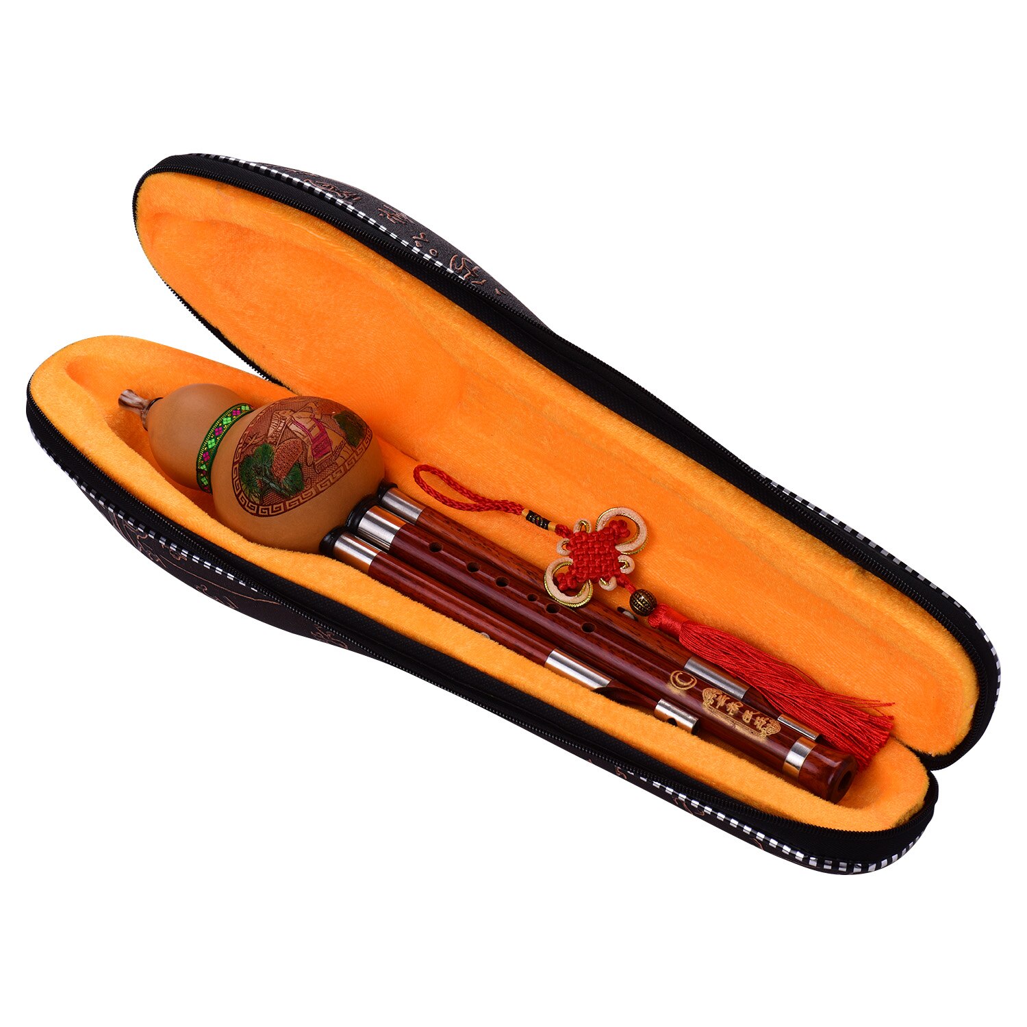 3 Tone C-Key Hulusi Gourd Cucurbit Flute Solid Wood Pipes Chinese Traditional Instrument with Chinese Knot Carry Case