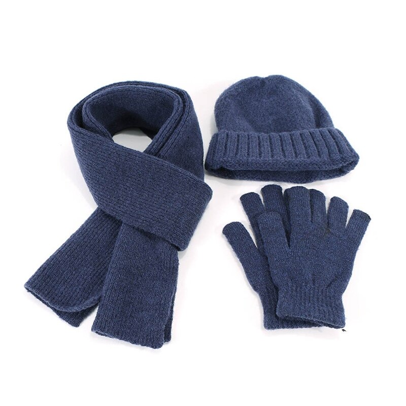 Unisex Winter 3 Stuks Beanie Hoed Lange Sjaal Handschoenen Set Effen Kleur Gebreide Warmer F3MF