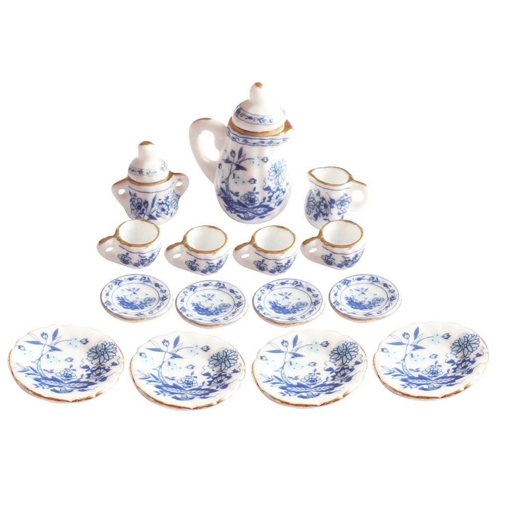 15pcs Dolls House Miniature China Ceramic Porcelain Coffee Tea Set 1/12 Scale