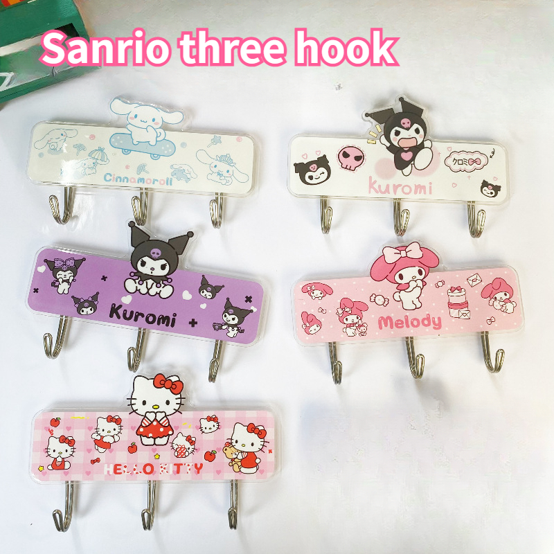 Sanrio Wall Hook Organizer Decorative Hello Kitty Kuromi Melody Cinnamoroll Acrylic Adhesive Wall Hooks Hangers Keys