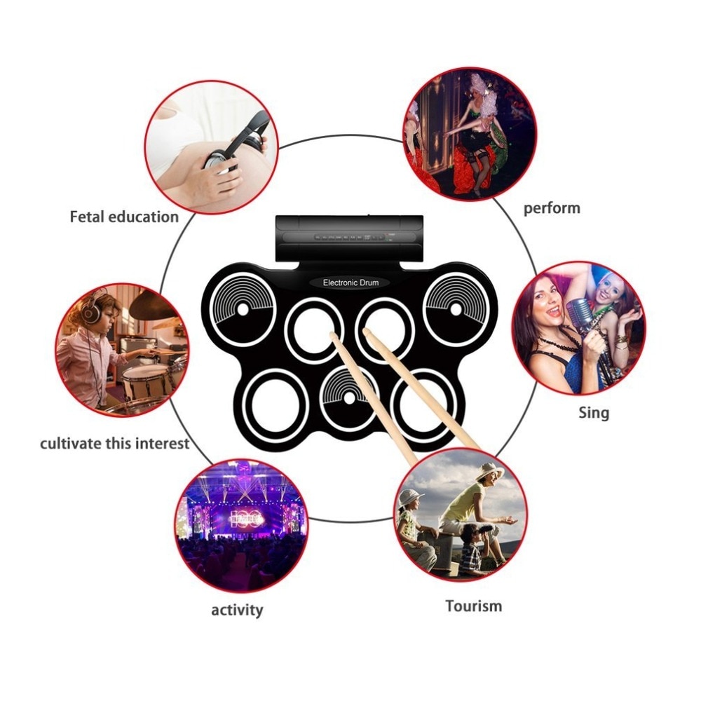 Draagbare Elektronische Drum Digitale USB 7 Pads Roll up Drum Set Siliconen Elektrische Drum Pad Kit Met DrumSticks Voetpedaal