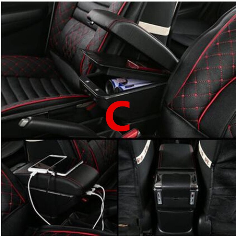 For ford Ka+ Plus armrest box USB Charging heighten Double layer central Store content cup holder ashtray accessories part: C black red line