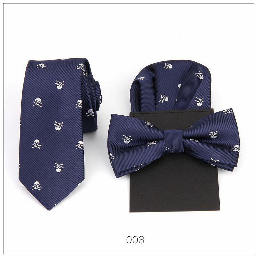 Men's tie bow tie handkerchief set skull hanky pocket square polyester bowknot butterfly wedding bowtie necktie prefold hankies: 3