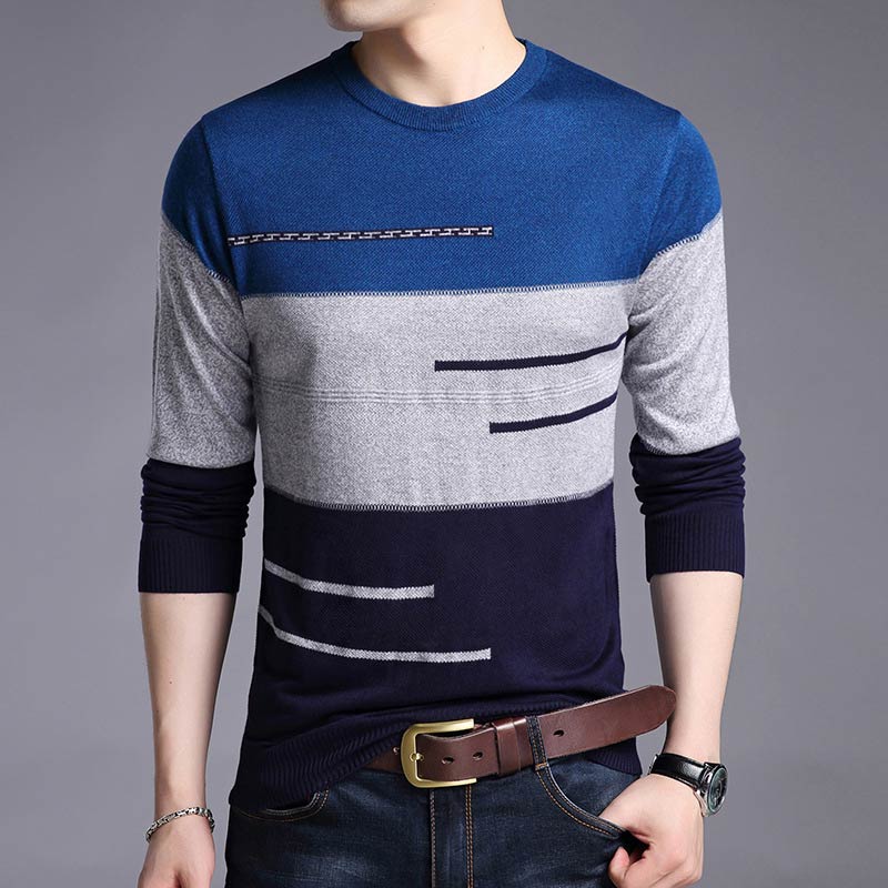 Klassisk strikket genser herre genser varme stripete gensere vinter strikke klær sueter hombre casual camisa masculina: Mørke blå / L