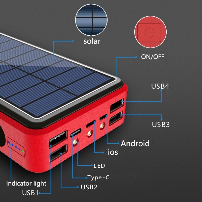 80000mAh Powerbank na energię słoneczną Qi bezprzewodowy przenośny telefon szybka ładowarka ładowanie zewnętrzne 4 zewnętrzne lampy kempingowe USB Powerbank