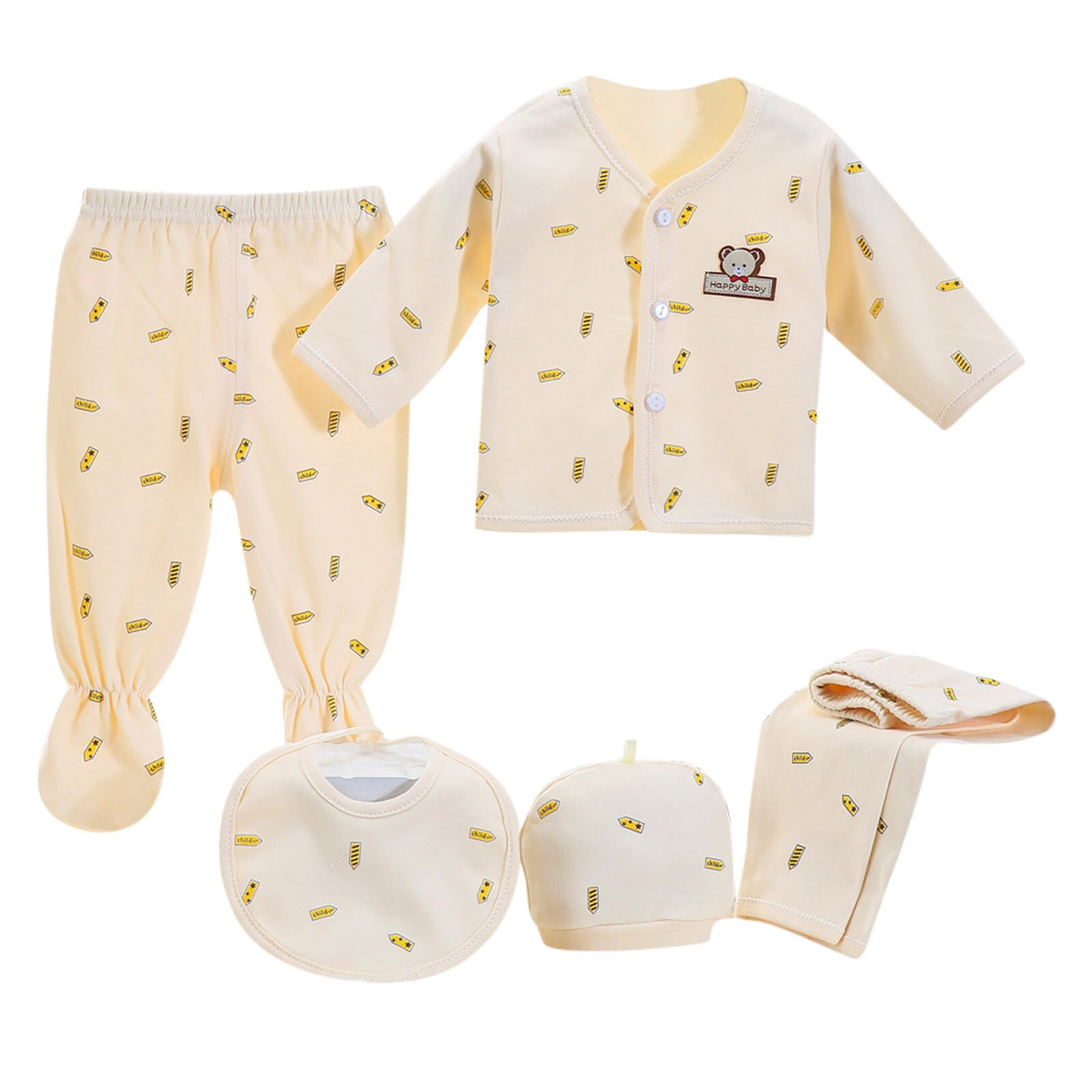 5Pcs Baby Kleding Set Baby Jongens Meisjes Cartoon Gedrukt Met Lange Mouwen Tops + Hoed + Broek + Bib Outfits set Pasgeboren Nachtkleding Ropa De Baby: YELLOW