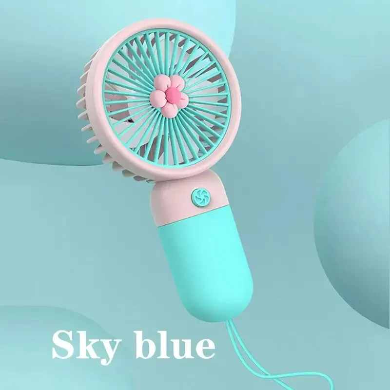 Handventilator, kleine ventilator met oplaadfunctie, draagbare ventilator, zomerbloemkleurige mini-ventilator, draagbare usb-ventilator met oplaadfunctie.: Hemelsblauw