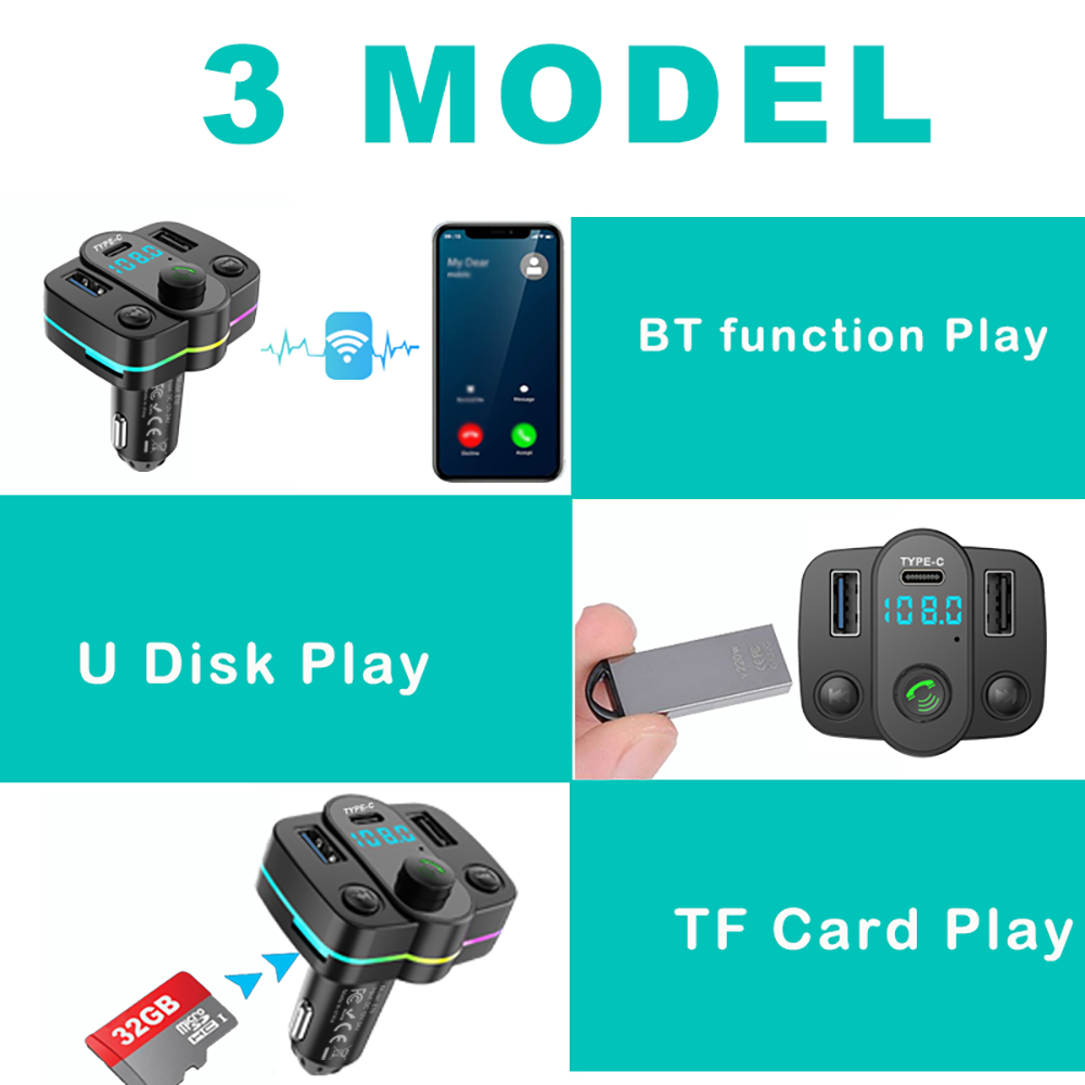 Bluetooth FM Transmitter Car MP3 Player Dual USB Type C Car Charge & Call Hands-Free for Safe Car Auido Receiver