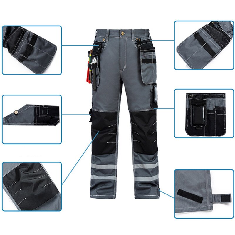 Work Pants Men Wear-resistant Multi pockets Working trousers Reflective Strap Worker Mechanic Factory Functional Cargo Pants