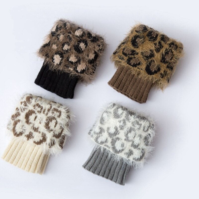 Warm Winter Leopard Leg Warmers Women Patchwork Thermal Acrylic Knitted Boot Cuffs Socks Cover
