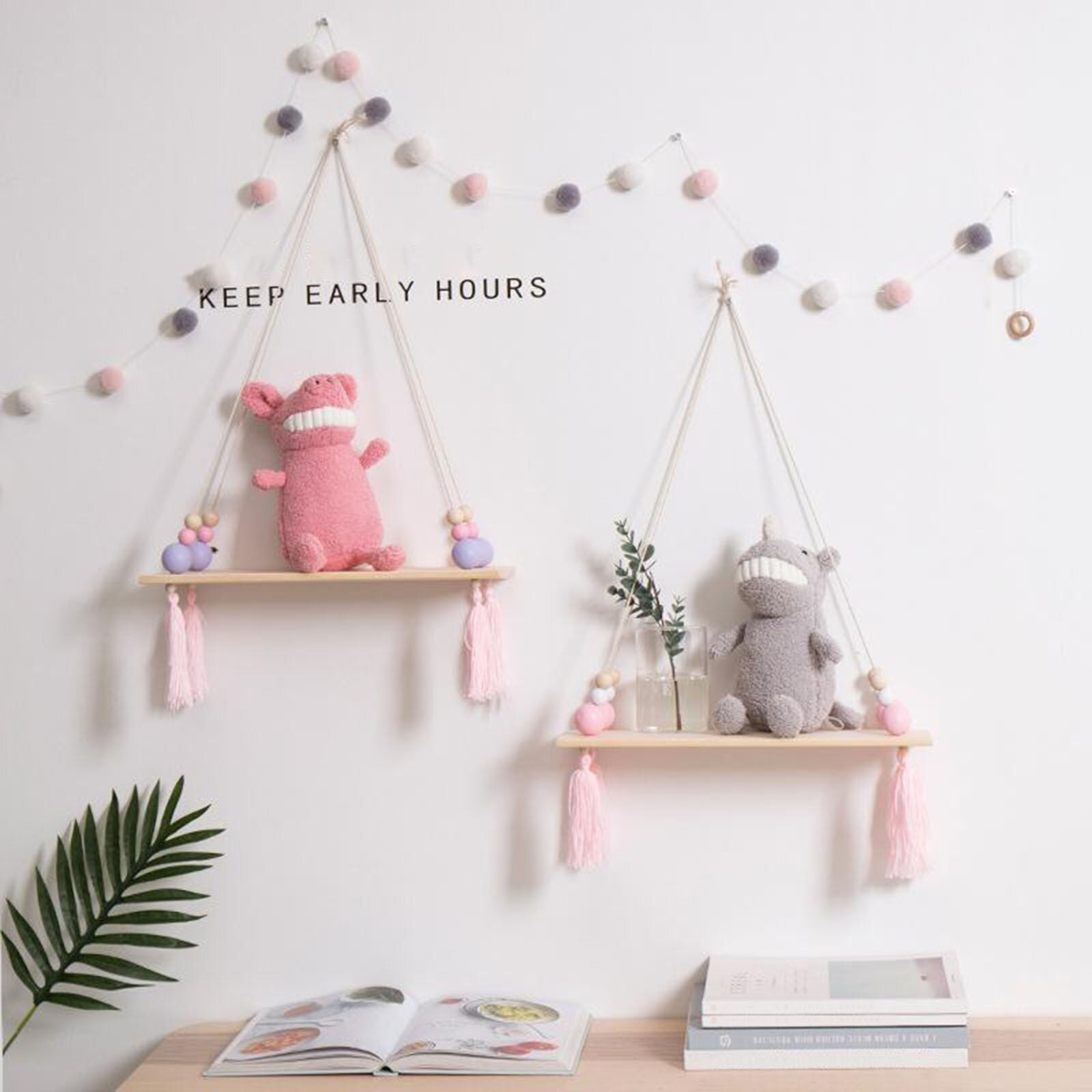 Wooden Wall Shelf Rope Hanging Floating Shelf Flower Pot Stand Purple Bead