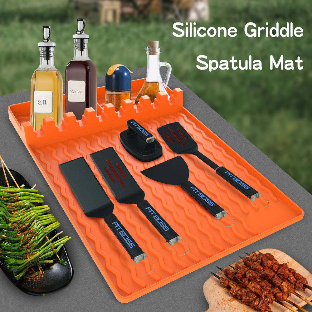 Estera para parrilla reutilizable, estante lateral de silicona de gran tamaño, herramientas para plancha, estera de espátula con almohadilla de goteo para parrilla al aire libre, encimera de cocina