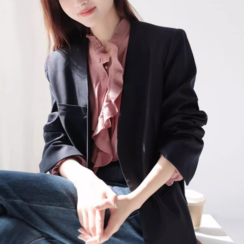 Camisa de gasa con volantes para mujer, de Color sólido blusa , informal, combina con todo, primavera y otoño