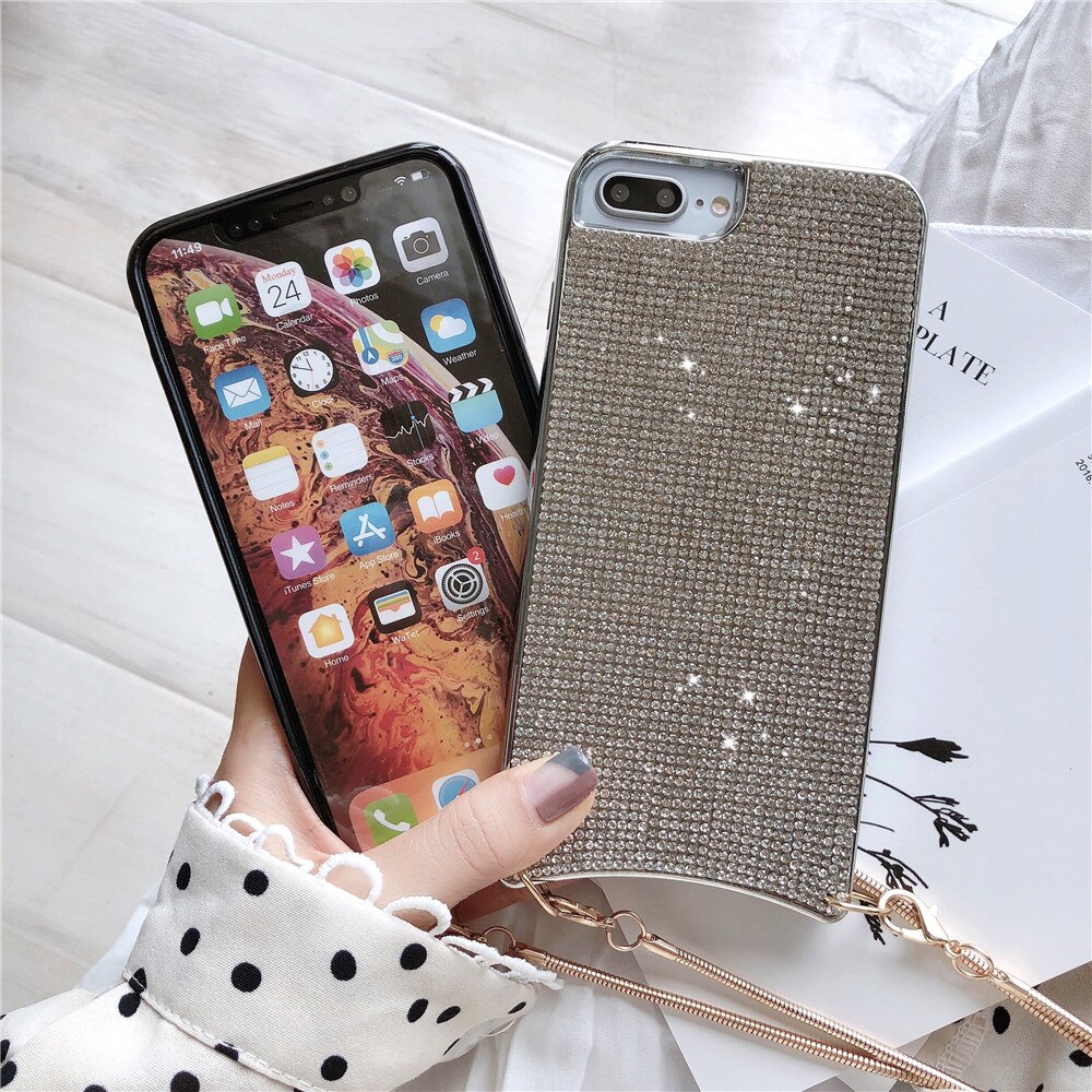 Diamond Crossbody Case For iPhone XS MAX XR X 6 8 7 Plus 11 Pro Cover Bling Glitter Rhinestone Women With Long Strap Metal Chain