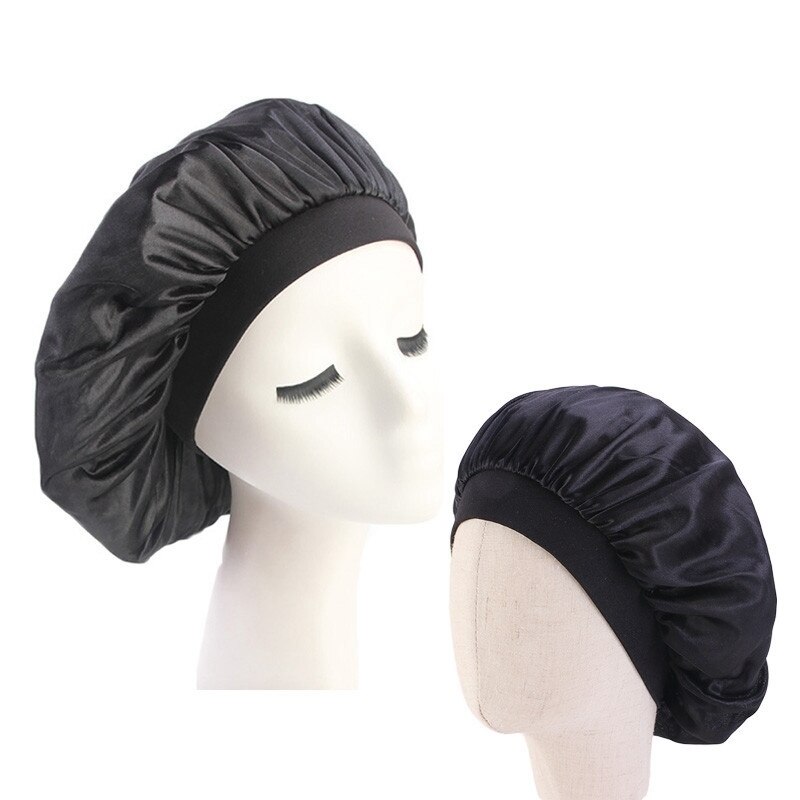 Hårpleiehette foreldre-barn elastisk polyester bred kant nattsøvn lue silke kuppel familie for panser sateng damer: Svart