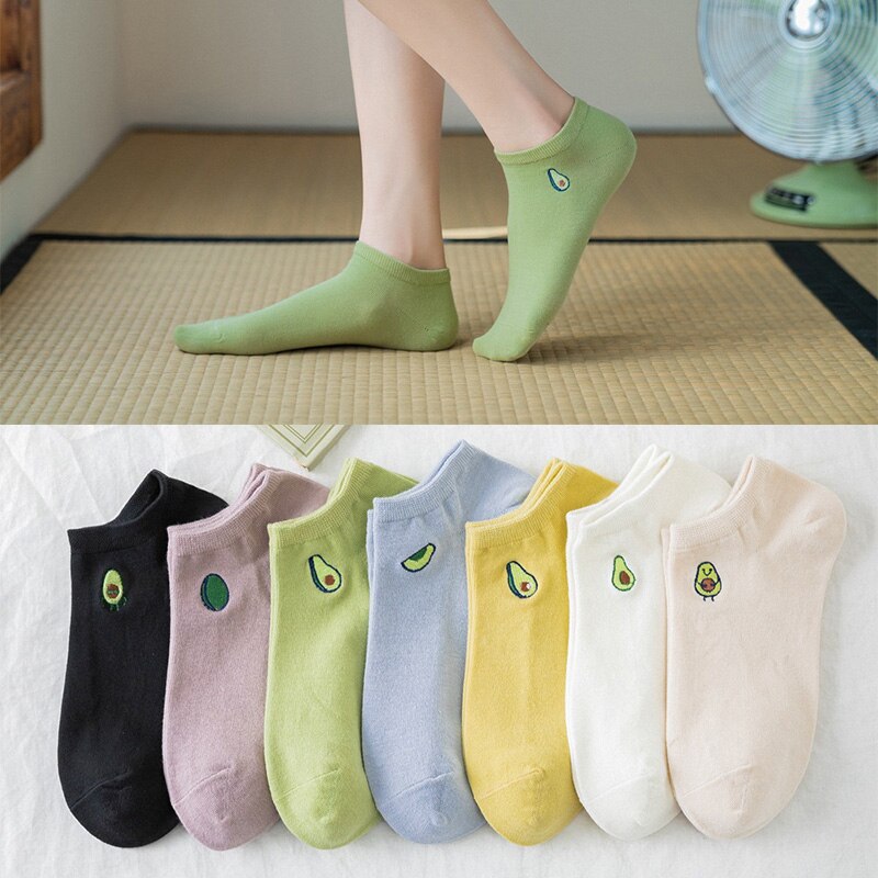 Zomer schattige sokken avocado borduurwerk katoenen sokken dames ademend onzichtbaar effen kleur skarpetki korte sokken voor meisjes