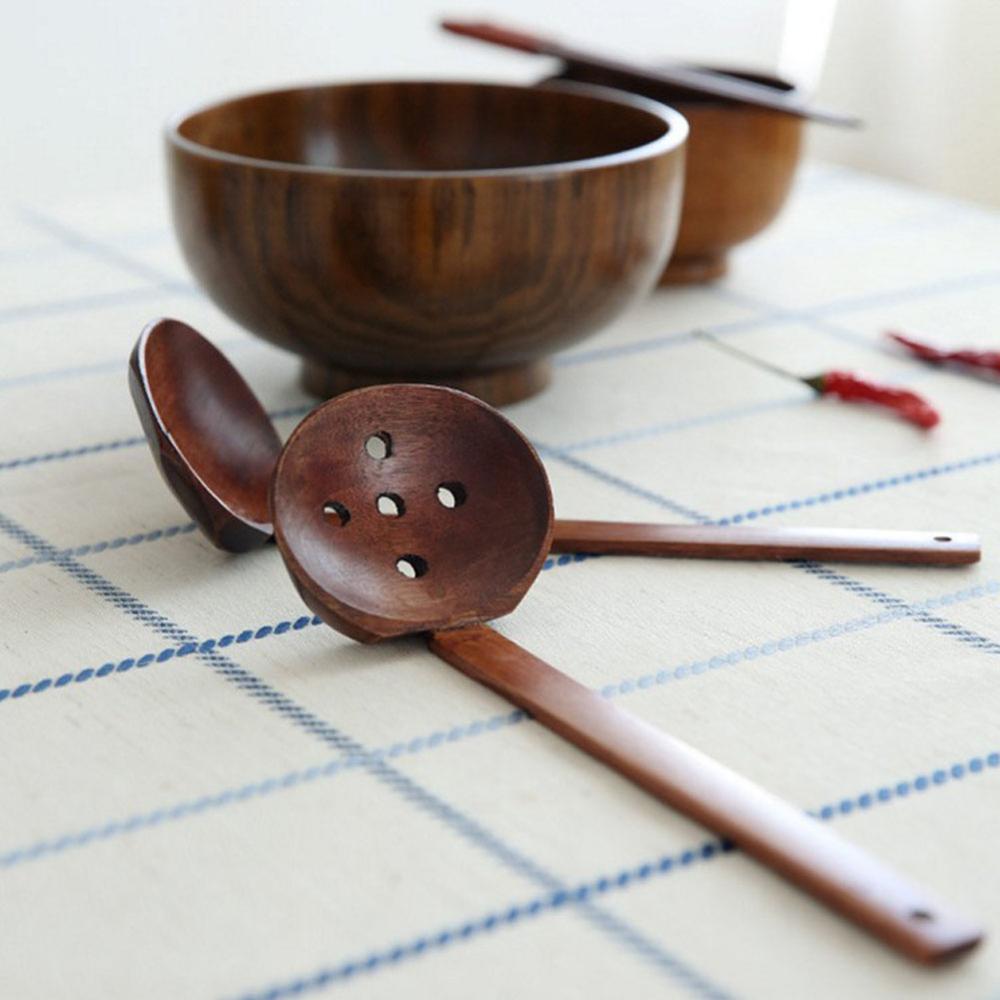 Japanse Stijl Lange Steel Houten Lepel Pot Vergiet Servies Keuken Koken Duurzaam Lepel Ramen Pot Filter Lepel
