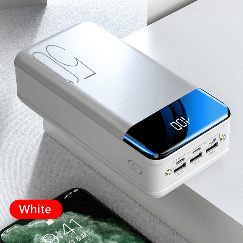 50000Mah Power Bank Draagbare Oplader Usb Type C Powerbank Voor Iphone 11 Xr X Samsung Xiaomi Poverbank Met Digitale power Display: WHITE