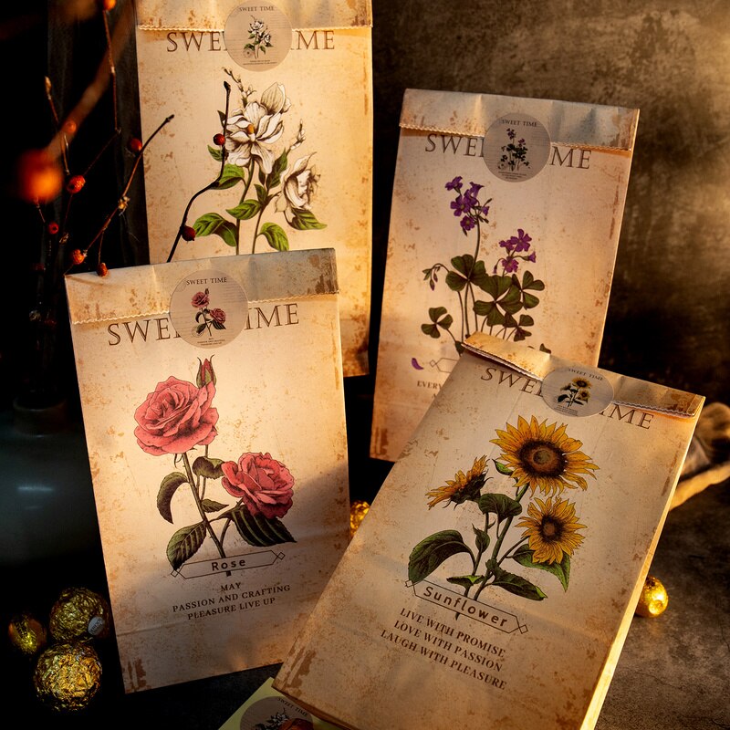 Icraft 12Sets Vintage Handdrawn Papier Bag Rose Zonnebloem Stand Up Party Favor Treat Pack Wrapping Verpakking Supply