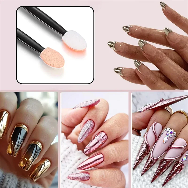 50/100 Uds. Pinceles para polvo de uñas esponja de doble cabeza Mini palos de esponja espejo artístico para uñas aplicador de pigmento cromado herramientas de maquillaje