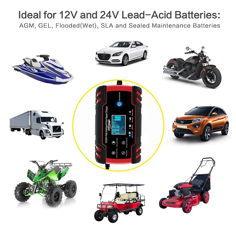 LUNDA Helautomatisk Bilbatterilader - 12V 8A / 24V 4A smart Hurtiglading, LCD-skjerm til AGM, gel, VÅTE Blysyrebatterier