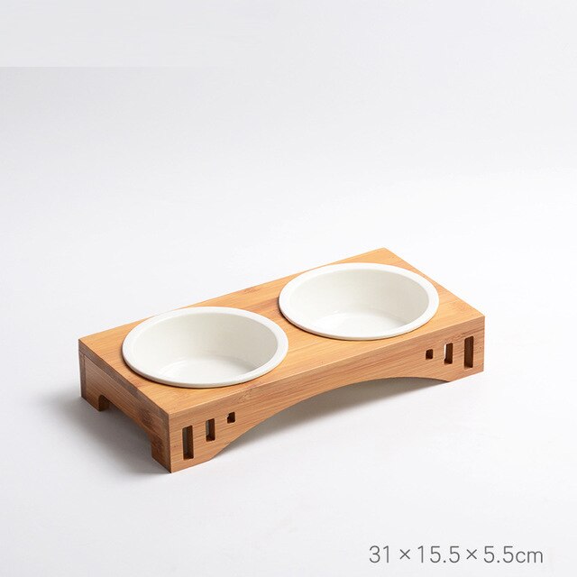 Solid Wood Pet Dining Table Bowl Pet Wooden Tilted Feeders Dog cat Anti-slip Three Bowls Cat Dish with Slope Stand(Heighten): DoubleBowl